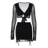 Women Co-Ord Set V-neck Long Sleeve Top Skirt Sexy Short Suit