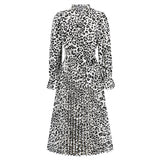 Women Date Dress Leopard Print Stud for Autumn and Winter Stand Collar Long Sleeve Dress Pleated Dress