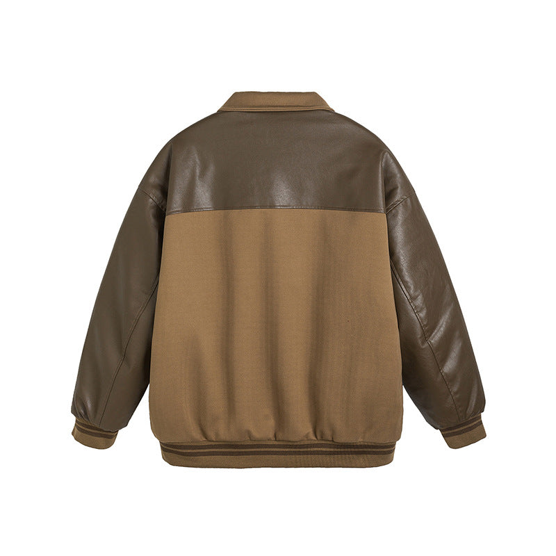 Unisex Winter Cotton Coat Retro Patchwork Contrast Color Letter Tide Polo Collar Jacket Baseball Uniform