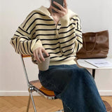Women Knitwear Autumn Winter Retro Polo Collar Stripes Zipper Sweater Loose Sweater