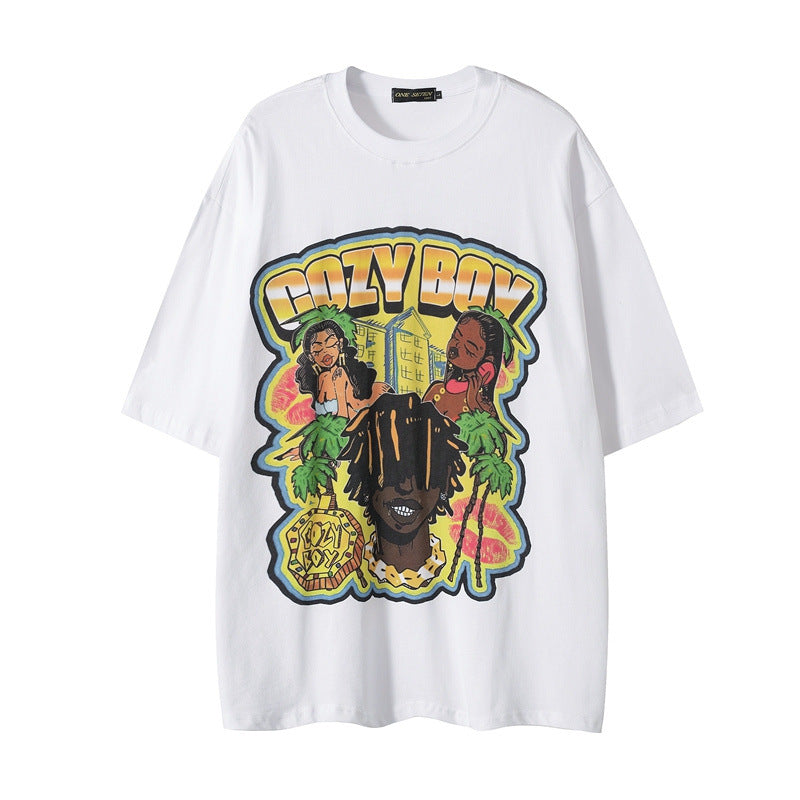 Men T Shirt Hip Hop Cartoon Printed Casual Short Sleeve T-shirt