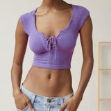 Women T-shirt Summer Square Collar Bare Midriff Slim Fit T-shirt Top