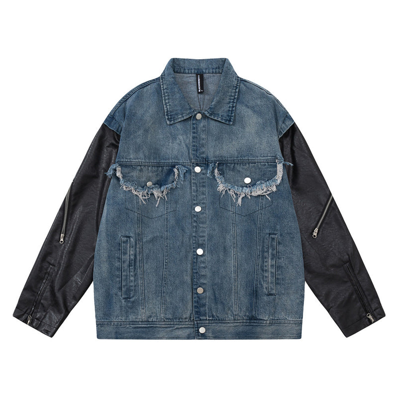 Men Jacket Coat PU Leather Sleeve Denim Jacket Men Lapel Motorcycle Clothing Coat