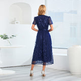 Women Date Dress Slim Fit Embroidered Leaves Sequin Gauze Dress Skirt