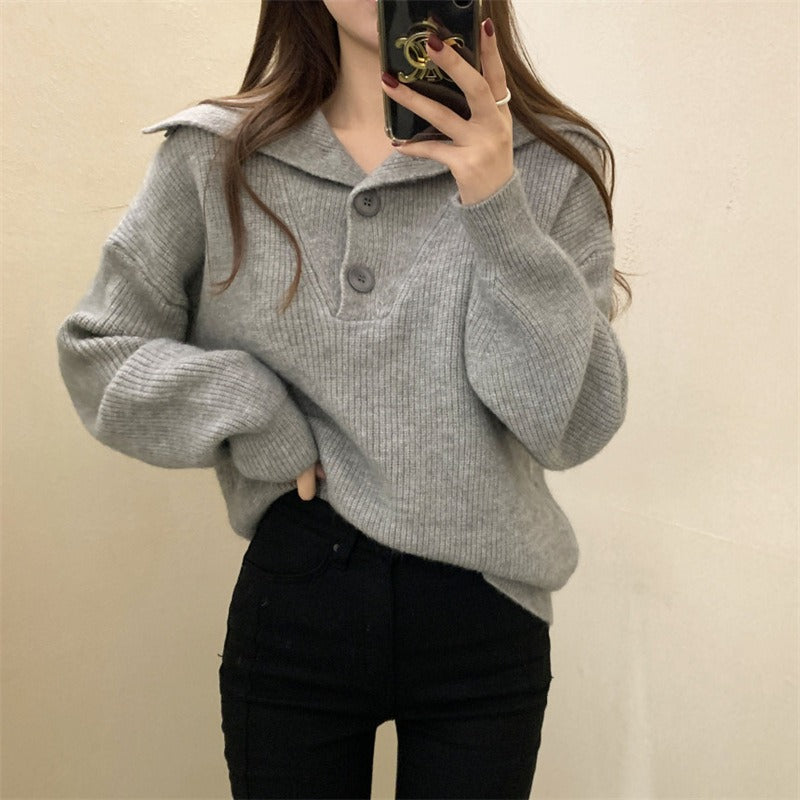 Women Knitwear Fall and Winter Lapels Button Sweater Casual Loose Sweater