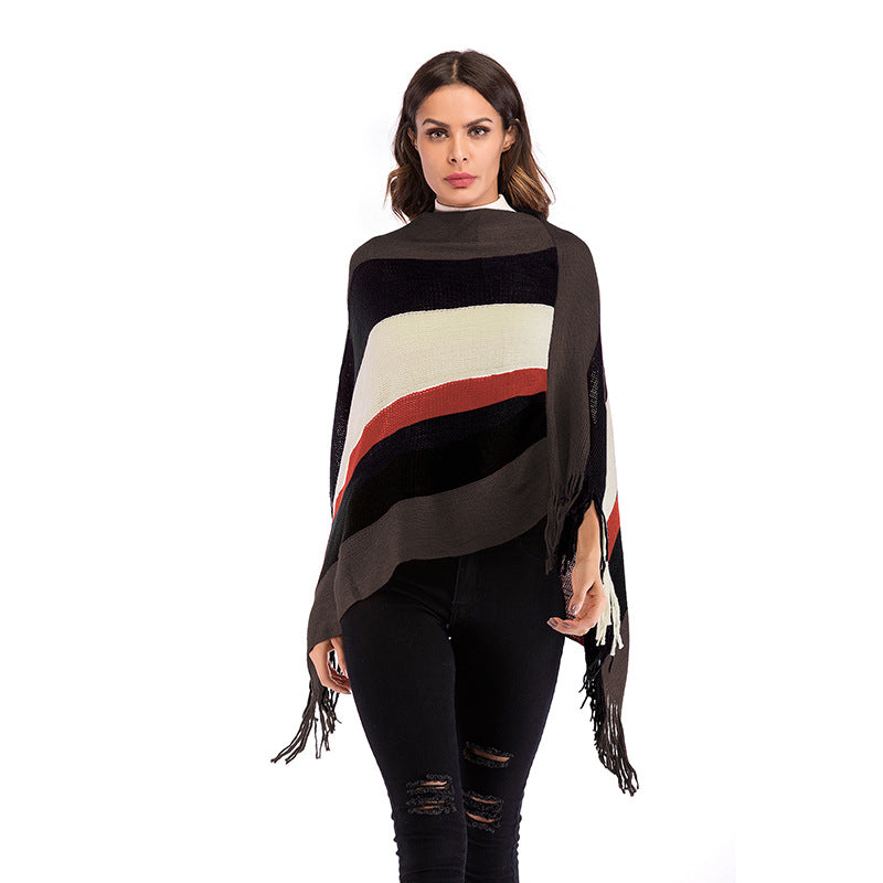 Women Knitted Sweater Fall Color-Blocking Striped Tassel Cape and Shawl Loose Knitted Cloak for Women