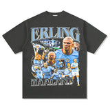 Mens Vintage Football T-Shirt Haaland Printed Short Sleeve T-Shirt Vintage Washed Loose