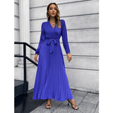 Women Date Dress V-neck Long Sleeve Pleated Dress