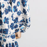 Women Dresses Spring V-neck Lantern Sleeve Dress Floral Skirt (Qymy0409)