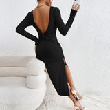 Women Dress Autumn Winter Sexy Backless Crew Neck Long Sleeve Narrow Dress