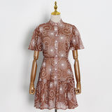Women Dresses Summer Retro Short Sleeve Dress Stand Collar Single-Breasted Skirt (Qymy0409)