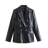 Women Leather Jacket Autumn Suit Metal Double Breasted Pocket Long Sleeve Pu Jacket