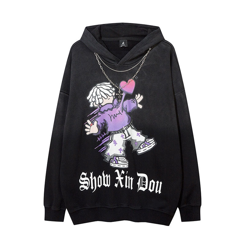 Men Hoodie Hiphop Cartoon Washed Gradient Hooded Sweater