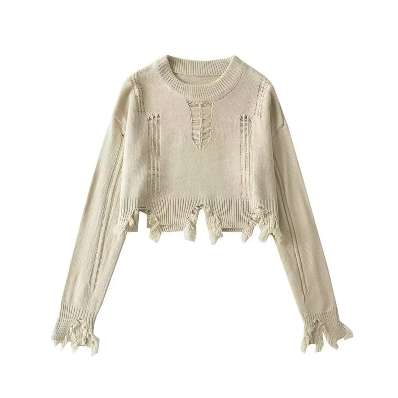 Women Sweater Knitwear round Neck Ripped Fringed Burr Loose Long Sleeve Short Sweater