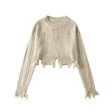 Women Sweater Knitwear round Neck Ripped Fringed Burr Loose Long Sleeve Short Sweater