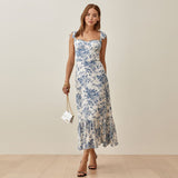 Robe Bridgerton Black Flower Print Overknee Mid-Length Slim Strap Dress