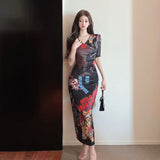 Women Maxi Dress Autumn Retro V-neck Printed Sexy Sheath Long Dress