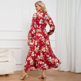 Women Date Dress Autumn Long Sleeve Lace Stand Collar Belt Long Dress