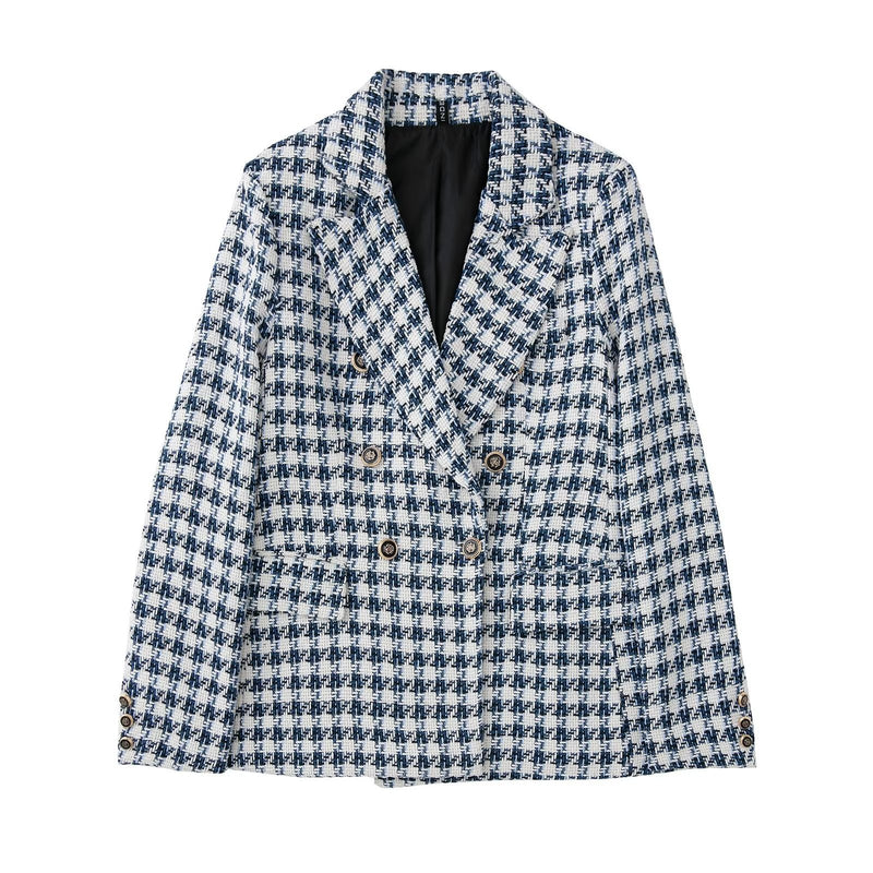 Women Suits Autumn Vintage Double Breasted Houndstooth Texture Lapel Blazer Small Suit