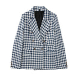 Women Suits Autumn Vintage Double Breasted Houndstooth Texture Lapel Blazer Small Suit