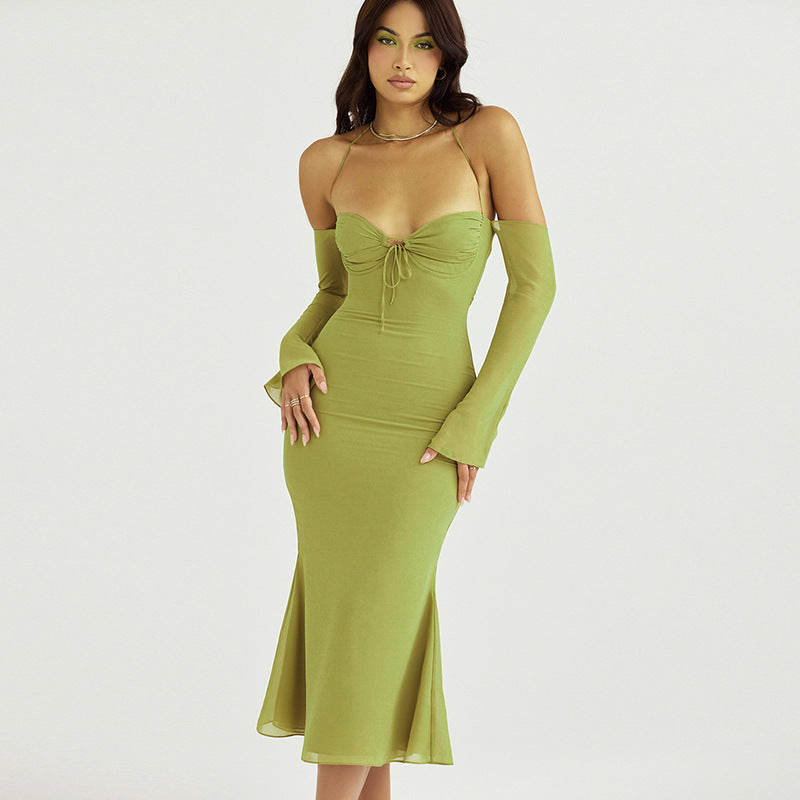 Women Dresses Chiffon Sexy Backless Dress Long Sleeve (Bla0420)