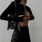 Women T-shirt Hollow-out Short round Neck T-shirt Ribbed Long Sleeve Top