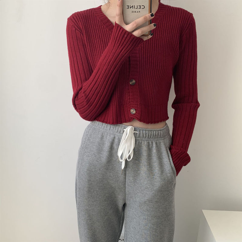 Women Cardigan Sweater V-neck Knitted off-Shoulder Short Long Sleeve Cardigan Spring and Autumn Top 8t8120