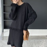 Women Knitted Two-Piece Set Knitted Tassel Sweater Dress Skirt