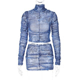 Women Co-Ord Set Sexy Mesh Long Sleeve Turtleneck Top Skirt Suit