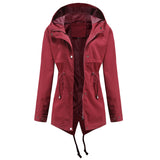 Women Trench Coat Mid-Length Hooded Jacket Long-Sleeved Raincoat
