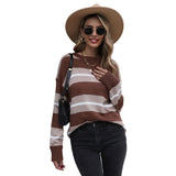 Women Knitted Sweater Autumn Leisure Loose Long Sleeve Striped Sweater