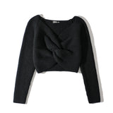 Women Sweater Knitwear Midriff-Baring Top V-neck Cross Kinked Long Sleeve Knitted Sweater
