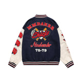 Men Jacket Coat Color Contrast Patchwork PU Leather Sleeve Machine Embroidery Letter Baseball Uniform Jacket