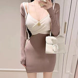 Women Dresses V-neck Strap Dress Cardigan Outer Coat Suit