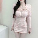 Women Dresses Wine Red Hip Skirt Long Sleeve Cardigan Skirt Dress