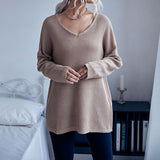 Women Knitted Sweater Autumn Casual Women's Loose Long Sleeve Solid Color and V-neck Thick Needle Sweater