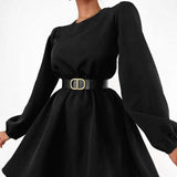 Women Dress Elegant Puff Sleeve round Neck Slim Fit Dress