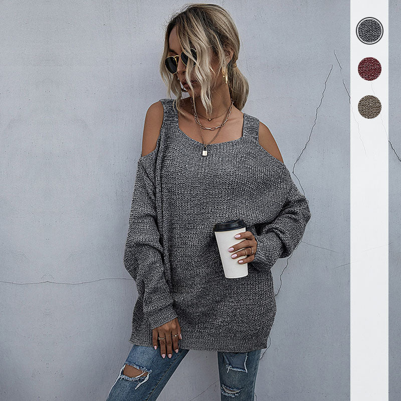 Women Knitted Sweater Autumn Knitted Square Collar off-Shoulder Long Sleeve Autumn