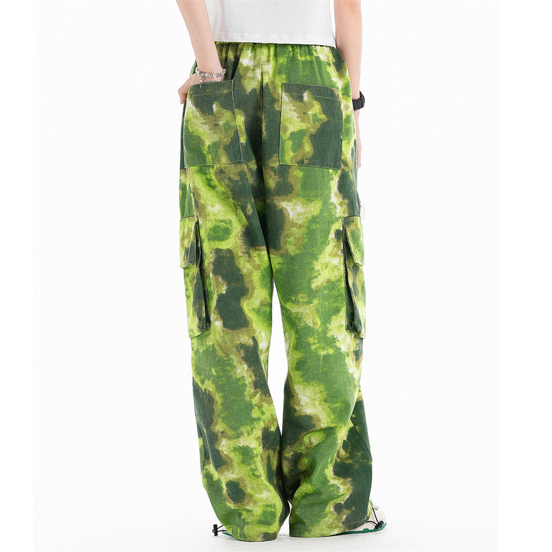 Men Sweatpants Tie-Dye Printing Casual Working Pants Loose Pockets Straight-Leg Trousers