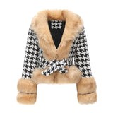 Women Trench Coat Autumn and Winter Plaid Coat Detachable Short Fur Collar Top Houndstooth