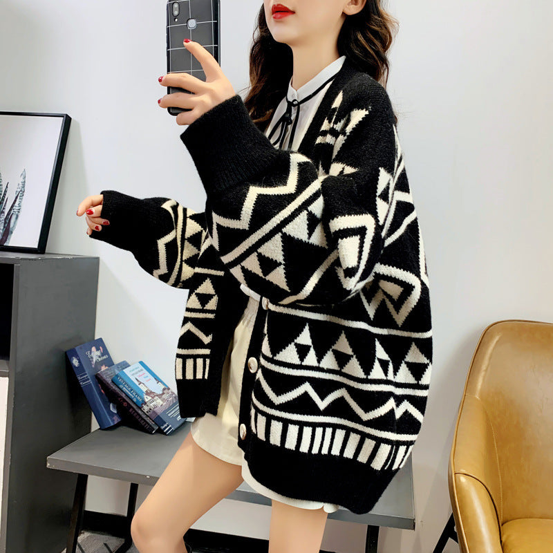 Women Knitwear Autumn Winter Retro Sweater Coat Loose Knitted Cardigan