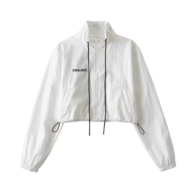 Women Jacket Stand Collar Loose Letter Print Drawstring Lace Women's Jacket Coat