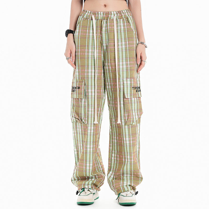Women Pants Plaid Multi-Pocket Slacks