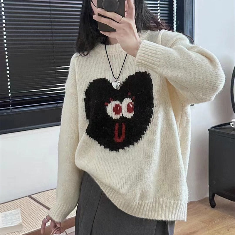 Women Knitted Pullover Heart Smiling Face Embroidery round Neck Sweater Autumn and Winter Loose Knitwear