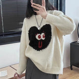 Women Knitted Pullover Heart Smiling Face Embroidery round Neck Sweater Autumn and Winter Loose Knitwear