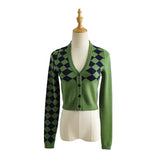Women Sweater Knitwear Vintage Diamond Plaid V-neck Single Breasted Long Sleeve Knitted Cardigan