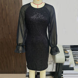 Women's Wedding Golden Sexy Retro Long Sleeve Chiffon Stitching Sequins Dress