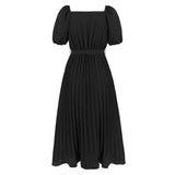 Women Date Dress Summer V-neck Puff Sleeve Lace-up Pleated Dress