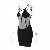 Women Dresses Summer Mesh Stitched Backless Sheath Dress