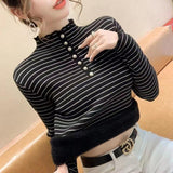 Women Knitted Pullover Turtleneck Winter Striped Sweater Sweater